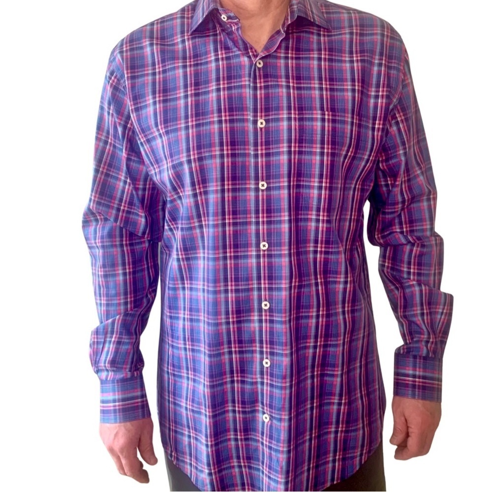 PETER MILLAR Plaid 100% Cotton Button Front Casual Shirt Preppy Size Large